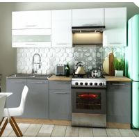 LIVEO - TIFFANY Kuchnia T35B/220 | Zestaw na 220 cm | Szafki górne biały połysk | Szafki dolne szary połysk